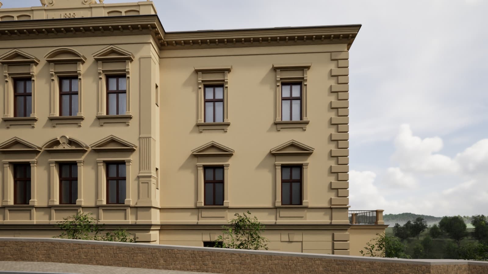 Vizualizace zrekonstruovaného hlavního průčelí Obrovy vily