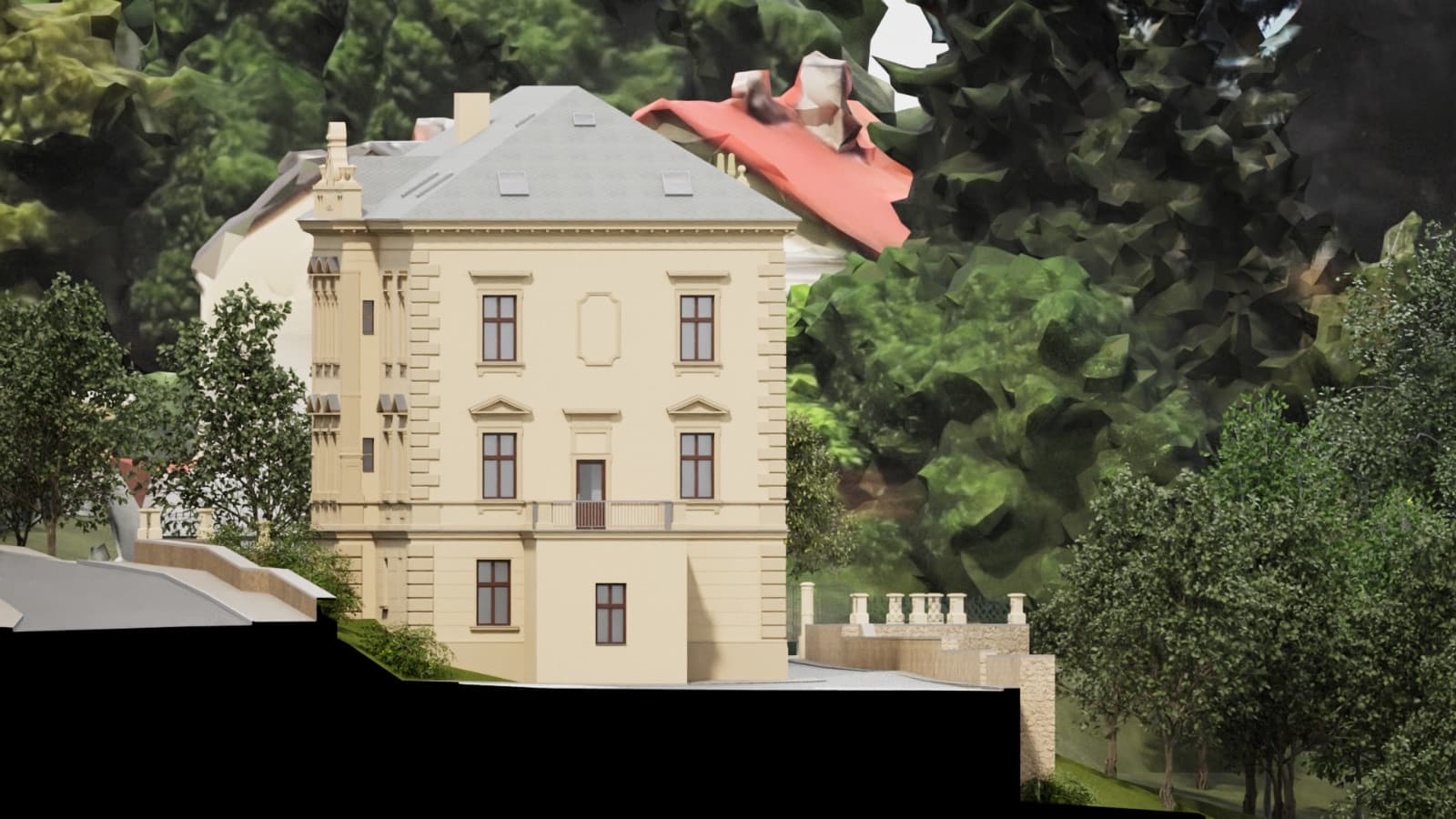 Letecká vizualizace Obrovy vily s terasovanou zahradou