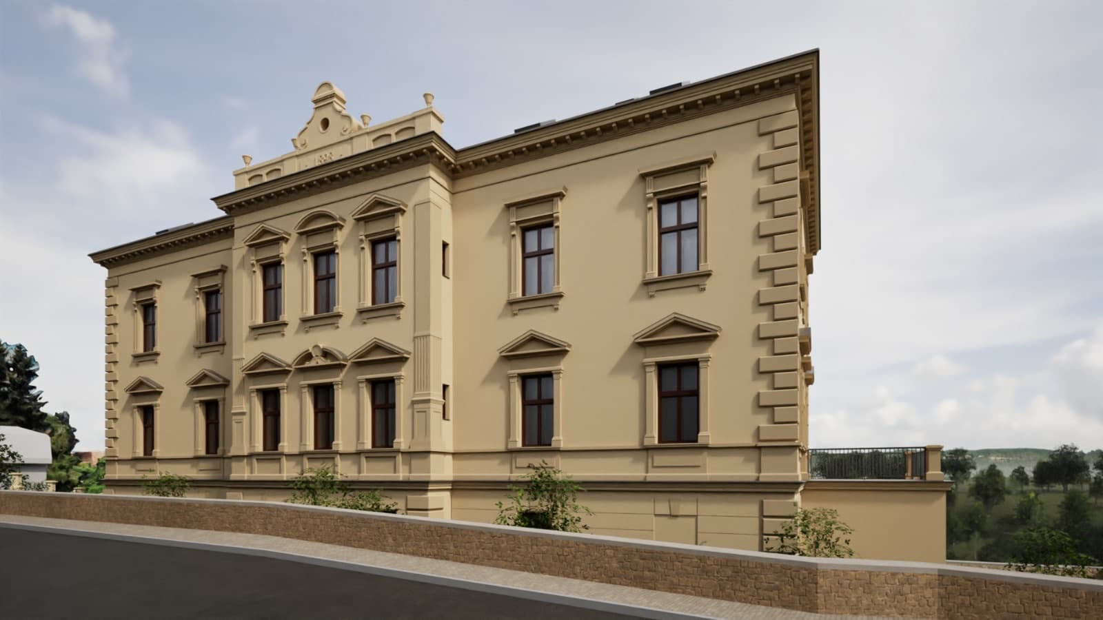 Vizualizace pohledu na průčelí Obrovy vily od příjezdové cesty