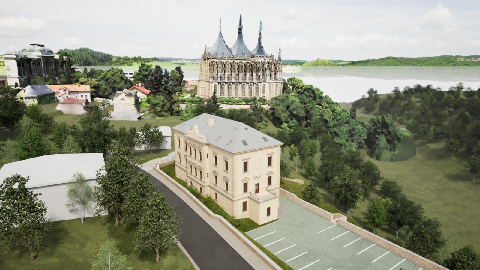 Vizualizace Obrovy vily s chrámem sv. Barbory a panoramatem Kutné Hory v pozadí