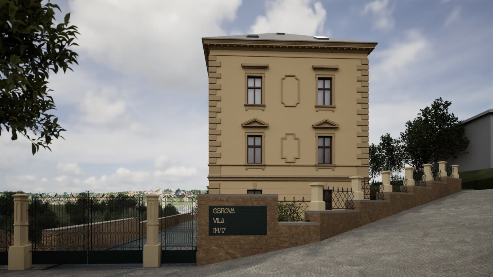 Vizualizace vstupní brány a oplocení Obrovy vily