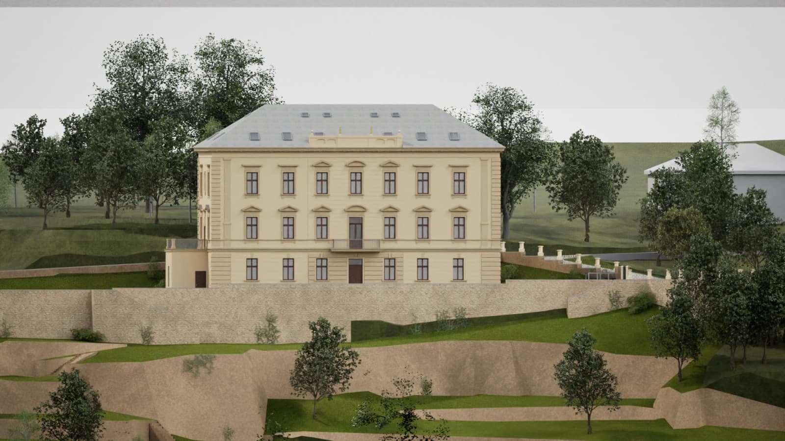 Vizualizace Obrovy vily nad terasovanou zahradou s opěrnými zídkami