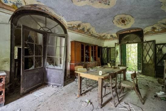 Historický interiér vily před rekonstrukcí — místnost s původní malovanou stropní freskou a klenutými dveřmi